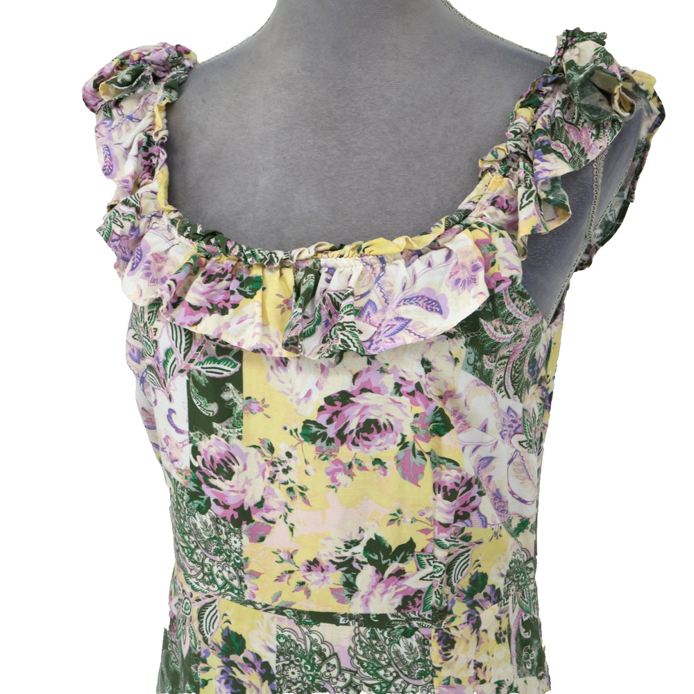 Loft Dress Womens Medium Green Yellow Floral Cotton Rayon Back Zip Ruffle Trim - Picture 8 of 13